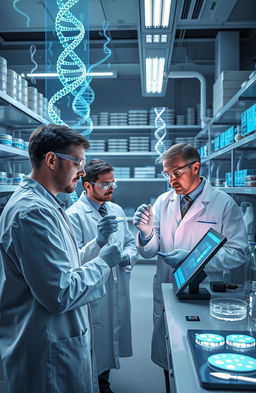 A futuristic laboratory scene showcasing scientists actively using CRISPR-Cas9 technology