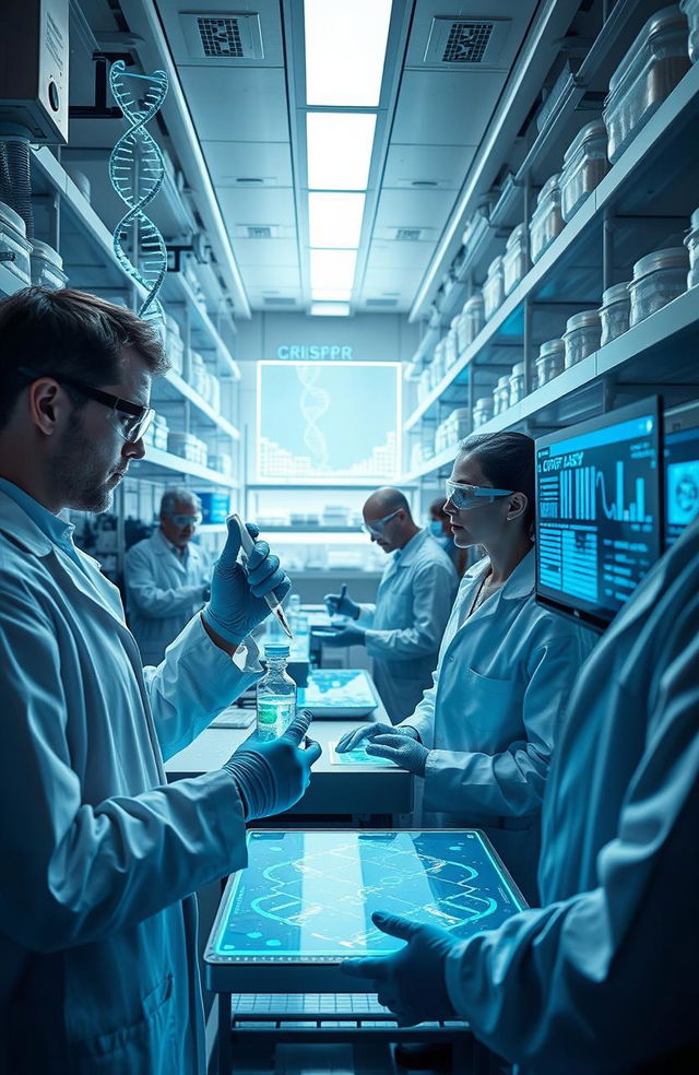 A futuristic laboratory scene showcasing scientists actively using CRISPR-Cas9 technology