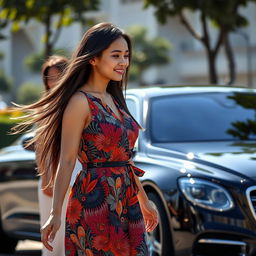 A beautiful young Indonesian woman walking away, her long hair flowing in the breeze, wearing a fashionable and colorful dress