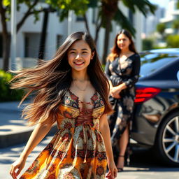 A beautiful young Indonesian woman walking away, her long hair flowing in the breeze, wearing a fashionable and colorful dress