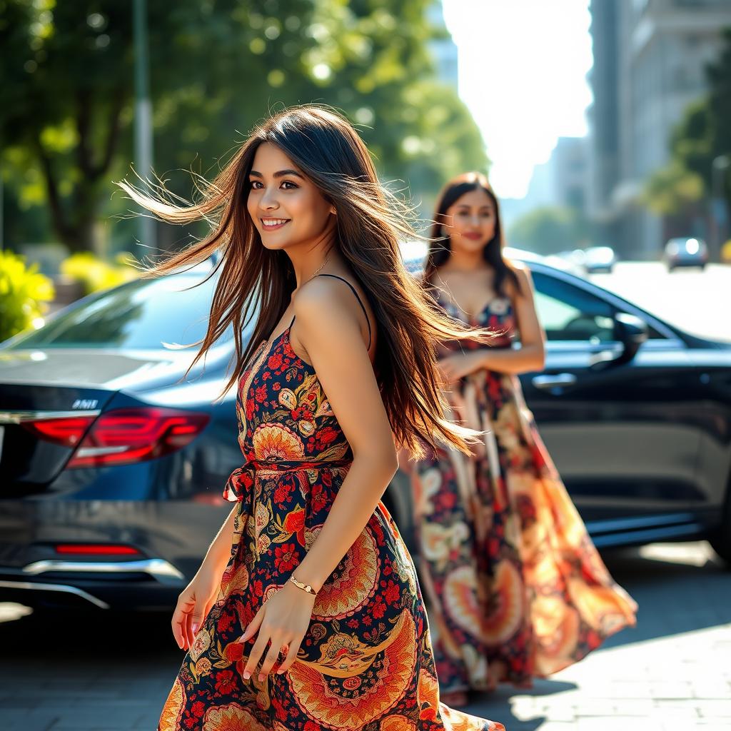 A beautiful young Indonesian woman walking away, her long hair flowing in the breeze, wearing a fashionable and colorful dress