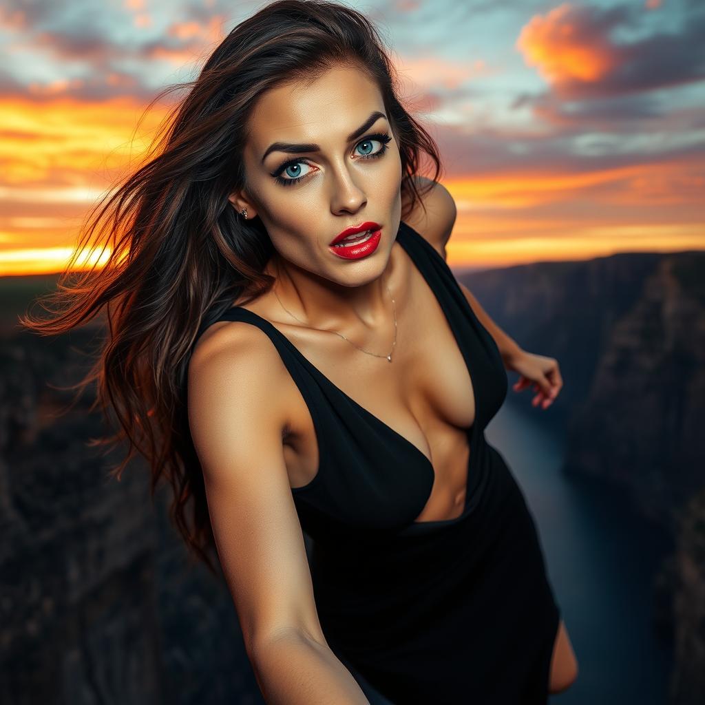 A sexy brunette woman with striking blue eyes, wearing a revealing black dress that is dramatically falling off as she tumbles off a cliff