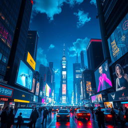 A futuristic cityscape at night, filled with neon lights and towering skyscrapers, showcasing advanced technology and bustling activity
