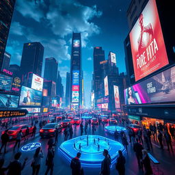 A futuristic cityscape at night, filled with neon lights and towering skyscrapers, showcasing advanced technology and bustling activity