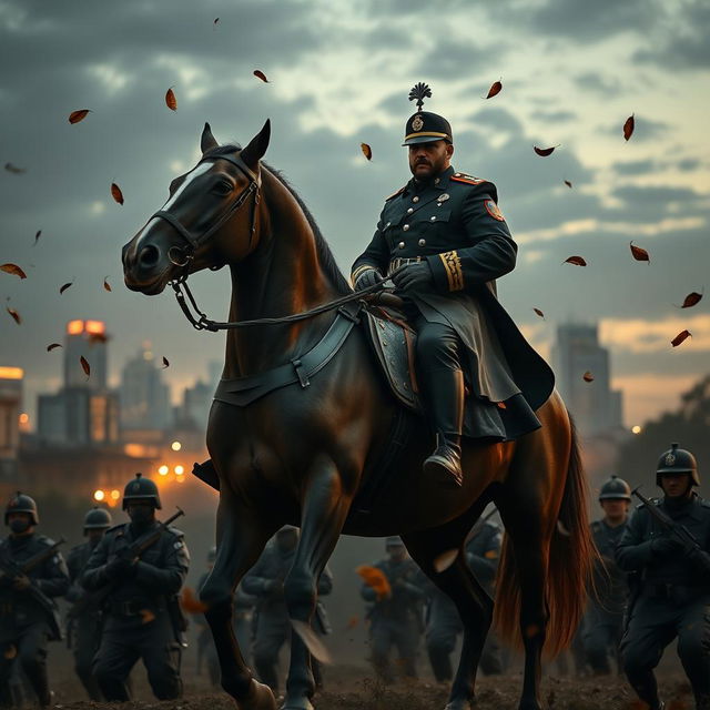 A dramatic scene depicting martial law enforcement with a commanding figure on horseback, clad in a military uniform, showcasing authority and power