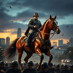 A dramatic scene depicting martial law enforcement with a commanding figure on horseback, clad in a military uniform, showcasing authority and power