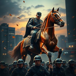 A dramatic scene depicting martial law enforcement with a commanding figure on horseback, clad in a military uniform, showcasing authority and power