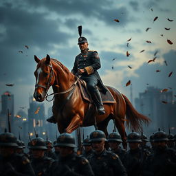 A dramatic scene depicting martial law enforcement with a commanding figure on horseback, clad in a military uniform, showcasing authority and power