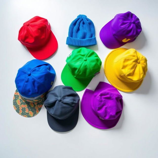 A collection of stylish caps in various vibrant colors spread out on a clean white surface