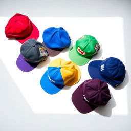 A collection of stylish caps in various vibrant colors spread out on a clean white surface