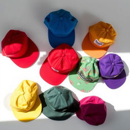A collection of stylish caps in various vibrant colors spread out on a clean white surface