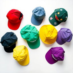 A collection of stylish caps in various vibrant colors spread out on a clean white surface