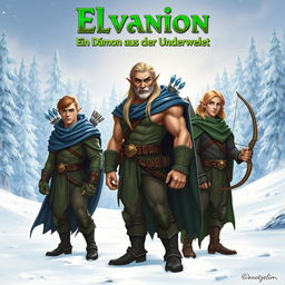 Three elves standing prominently in a snowy landscape