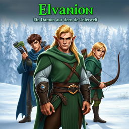 Three elves standing prominently in a snowy landscape