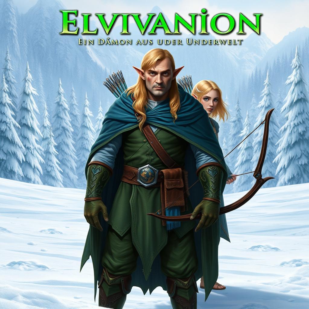 Three elves standing prominently in a snowy landscape