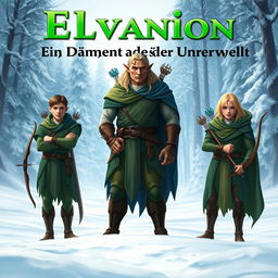 Three elves standing prominently in a snowy landscape