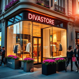 A vibrant and stylish storefront of a fictional high-end boutique named 'DIVASTORE', featuring elegant display windows showcasing luxurious clothing items