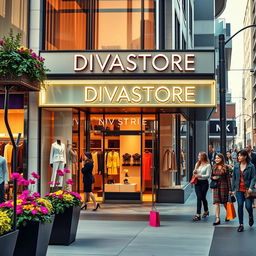 A vibrant and stylish storefront of a fictional high-end boutique named 'DIVASTORE', featuring elegant display windows showcasing luxurious clothing items