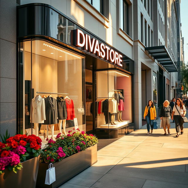 A vibrant and stylish storefront of a fictional high-end boutique named 'DIVASTORE', featuring elegant display windows showcasing luxurious clothing items