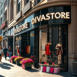 A vibrant and stylish storefront of a fictional high-end boutique named 'DIVASTORE', featuring elegant display windows showcasing luxurious clothing items
