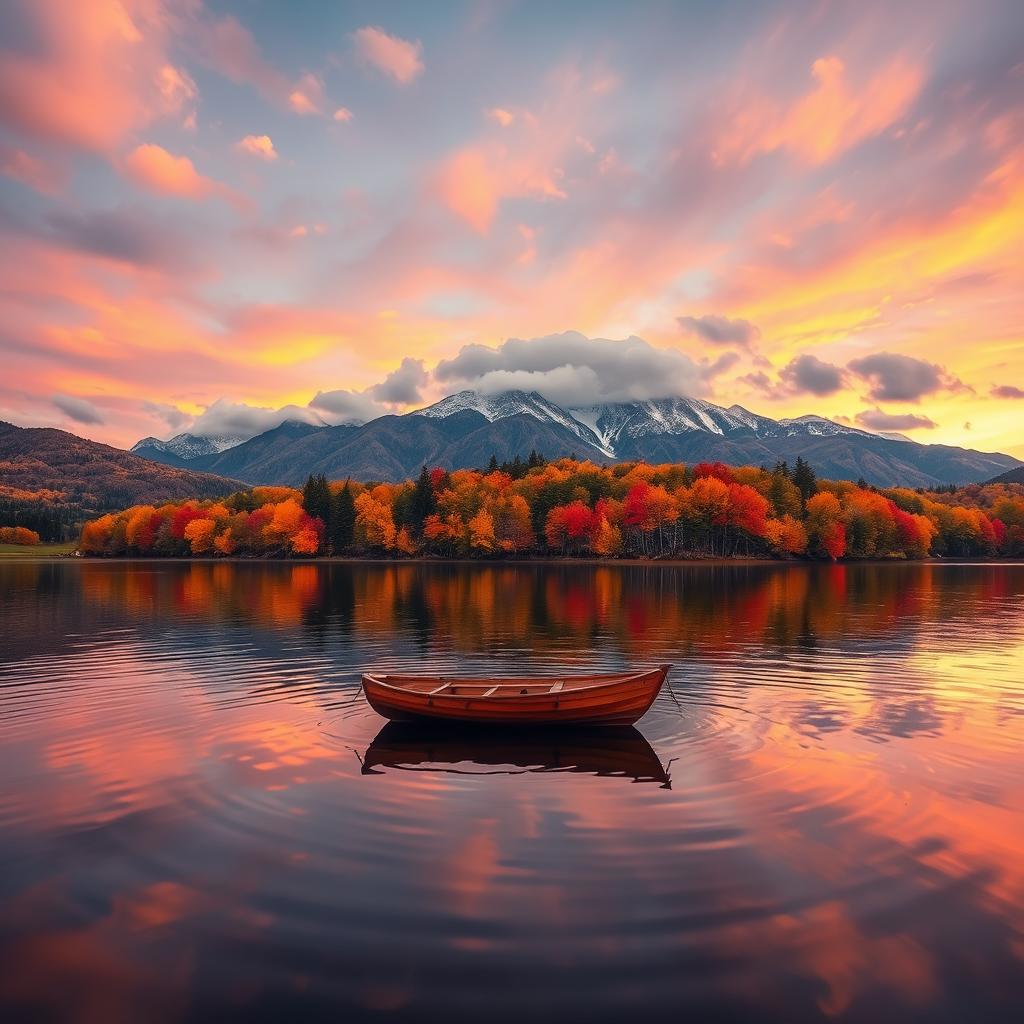 A breathtaking landscape featuring a serene lake reflecting the colorful autumn trees surrounding it