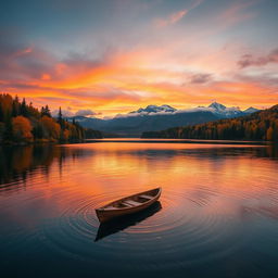 A breathtaking landscape featuring a serene lake reflecting the colorful autumn trees surrounding it