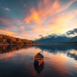 A breathtaking landscape featuring a serene lake reflecting the colorful autumn trees surrounding it