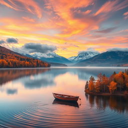 A breathtaking landscape featuring a serene lake reflecting the colorful autumn trees surrounding it