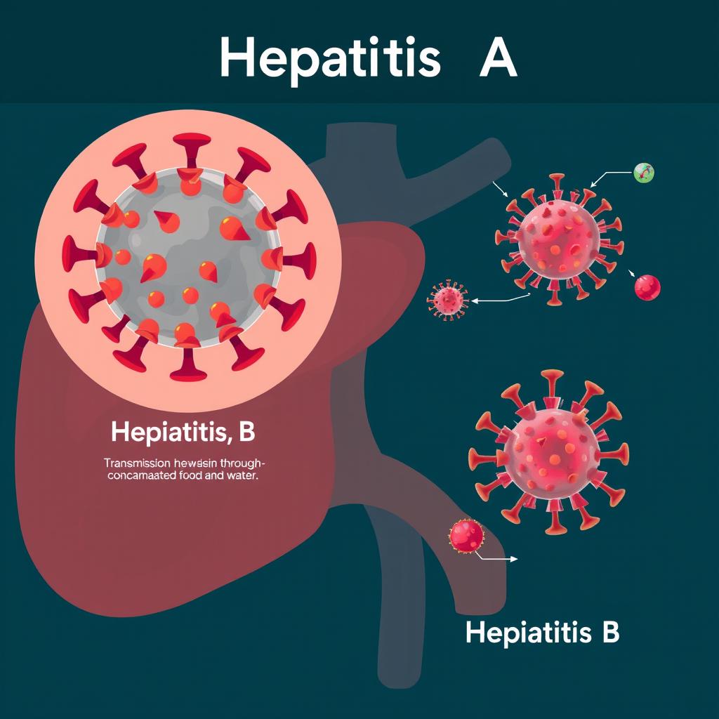 An educational and informative illustration featuring the viruses Hepatitis A and B