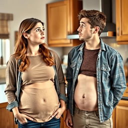 A surprised young couple in their twenties, both having gained weight, standing in a cozy kitchen