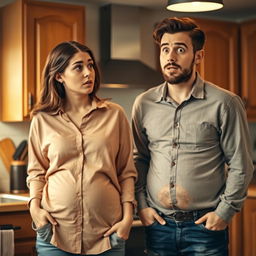 A surprised young couple in their twenties, both having gained weight, standing in a cozy kitchen