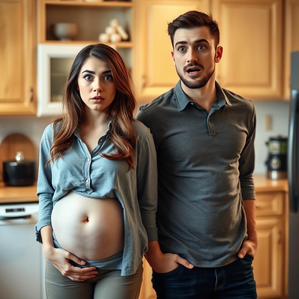 A surprised young couple in their twenties, both having gained weight, standing in a cozy kitchen