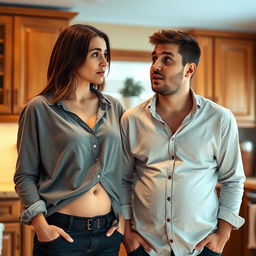 A surprised young couple in their twenties, both having gained weight, standing in a cozy kitchen