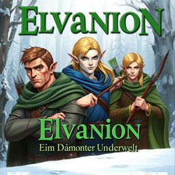 A book cover illustration featuring three elves for the title "Elvanion: Ein Dämon aus der Unterwelt" in green text