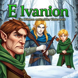 A book cover illustration featuring three elves for the title "Elvanion: Ein Dämon aus der Unterwelt" in green text