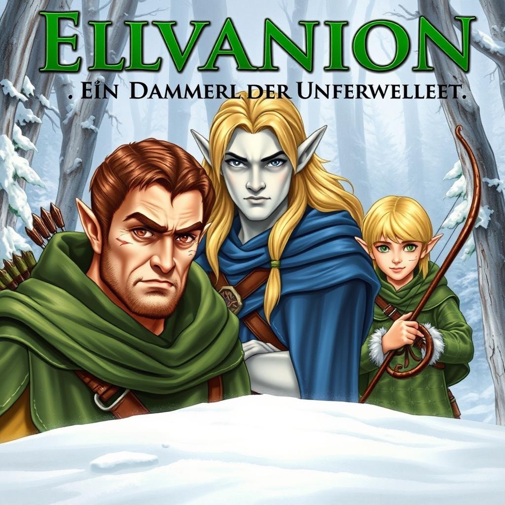 A book cover illustration featuring three elves for the title "Elvanion: Ein Dämon aus der Unterwelt" in green text