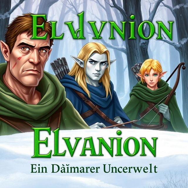 A book cover illustration featuring three elves for the title "Elvanion: Ein Dämon aus der Unterwelt" in green text