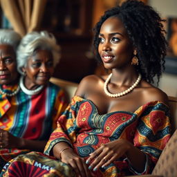 A beautiful African woman with radiant skin and striking blue eyes, dressed in an elegant, colorful African-inspired dress, sitting gracefully and engaging in conversation with an older African lady