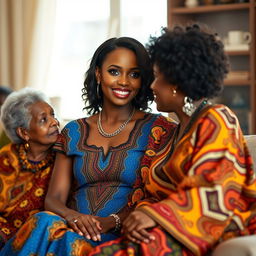 A beautiful African woman with radiant skin and striking blue eyes, dressed in an elegant, colorful African-inspired dress, sitting gracefully and engaging in conversation with an older African lady