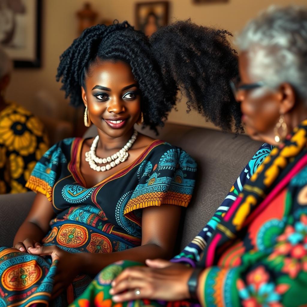 A beautiful African woman with radiant skin and striking blue eyes, dressed in an elegant, colorful African-inspired dress, sitting gracefully and engaging in conversation with an older African lady