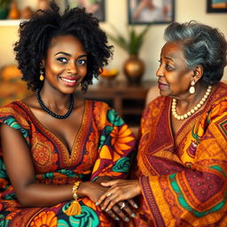 A beautiful African woman with radiant skin and striking blue eyes, dressed in an elegant, colorful African-inspired dress, sitting gracefully and engaging in conversation with an older African lady