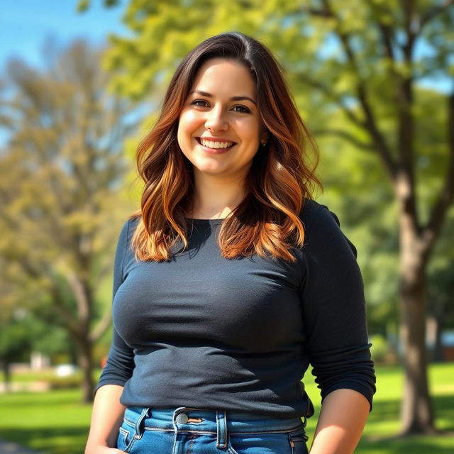 A cheerful woman in her 30s with brown hair, standing confidently, displaying a lighthearted expression