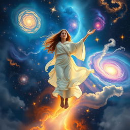A breathtaking scene of a person gracefully ascending through a cosmic landscape, embodying the theme of embracing change