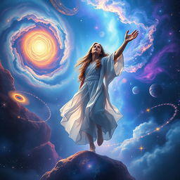 A breathtaking scene of a person gracefully ascending through a cosmic landscape, embodying the theme of embracing change