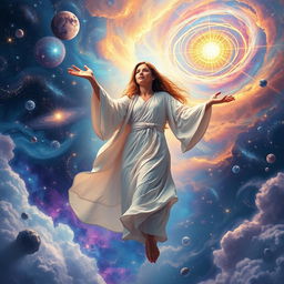A breathtaking scene of a person gracefully ascending through a cosmic landscape, embodying the theme of embracing change