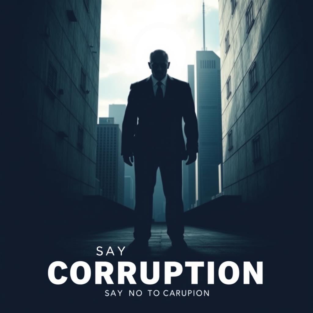 A powerful and thought-provoking poster about corruption, featuring a symbolic representation of corruption as a shadowy figure in a suit, standing in a dark alley