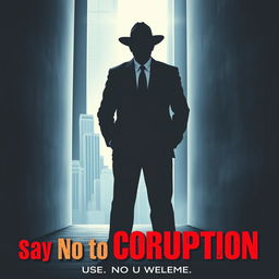 A powerful and thought-provoking poster about corruption, featuring a symbolic representation of corruption as a shadowy figure in a suit, standing in a dark alley