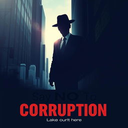 A powerful and thought-provoking poster about corruption, featuring a symbolic representation of corruption as a shadowy figure in a suit, standing in a dark alley