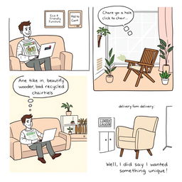 A humorous comic strip depicting a man shopping for sustainable furniture online