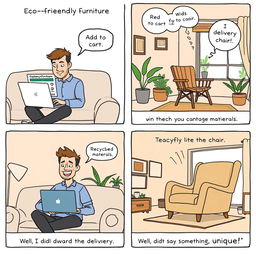 A humorous comic strip depicting a man shopping for sustainable furniture online